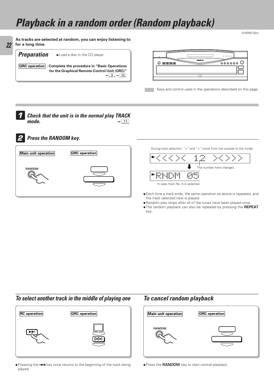 Playback in a random order (random playback), To cancel random playback, Preparation | Kenwood D-R350 User Manual | Page 22 / 28