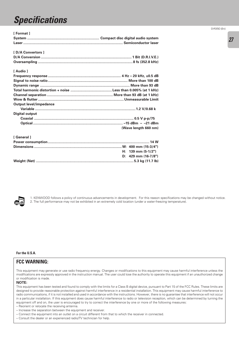 Specifications, Fcc warning | Kenwood D-R350 User Manual | Page 27 / 28
