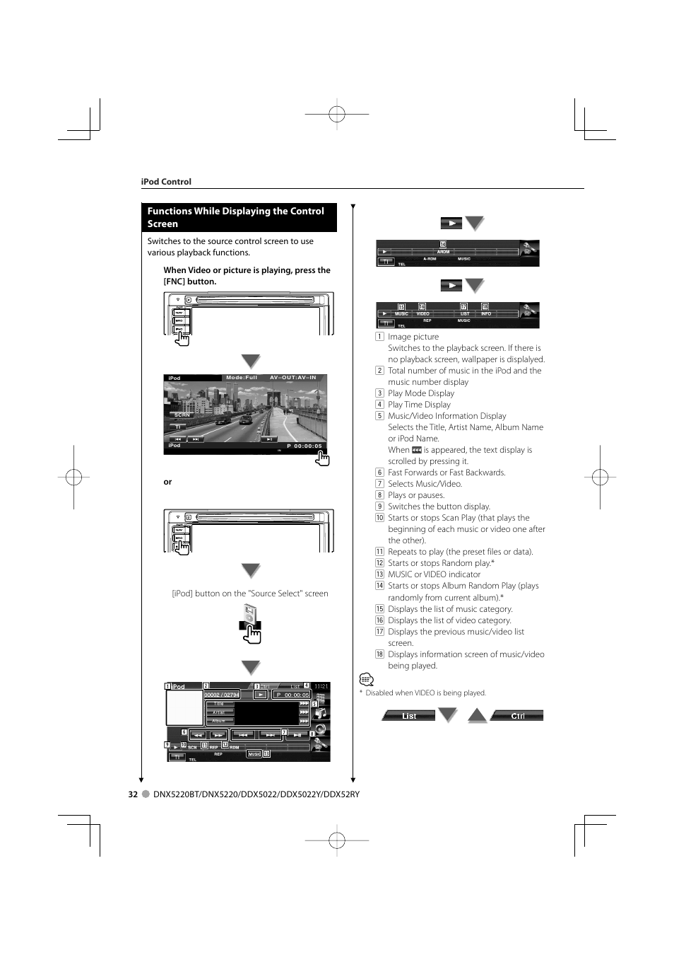 Functions while displaying the control screen | Kenwood DDX5022Y User Manual | Page 32 / 96