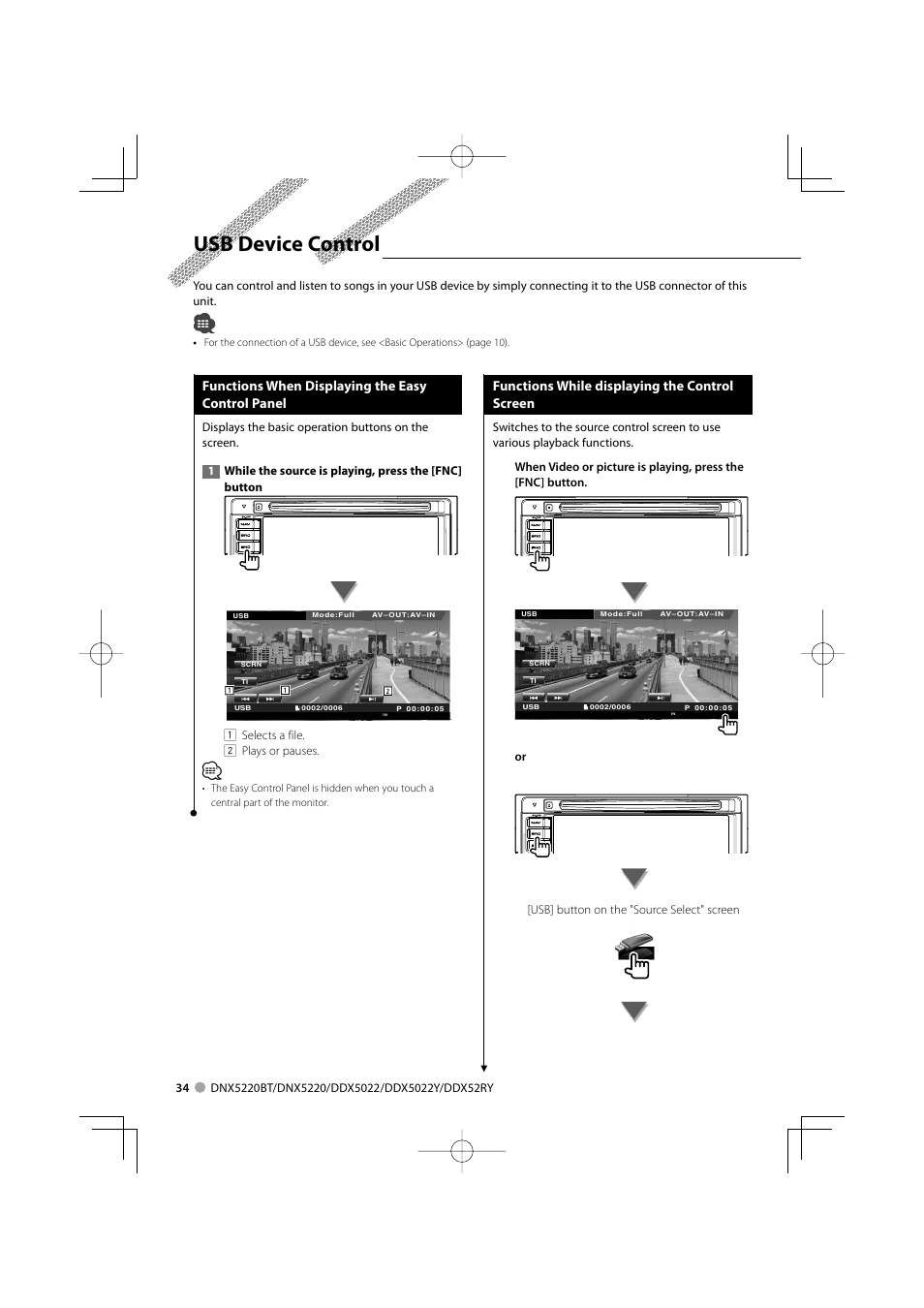 Usb device control, Functions when displaying the easy control panel, Functions while displaying the control screen | Kenwood DDX5022Y User Manual | Page 34 / 96