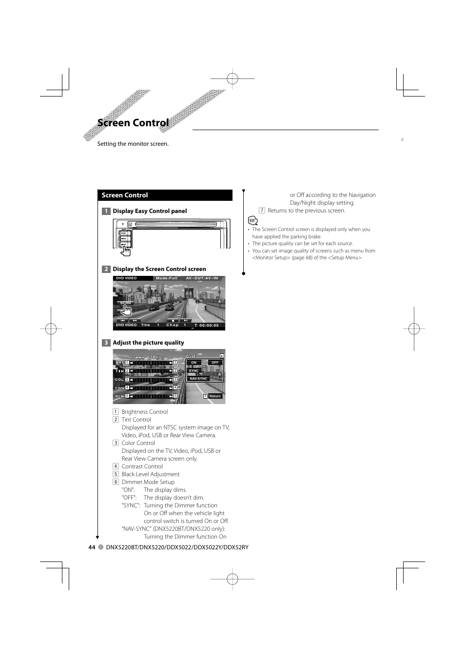 Screen control | Kenwood DDX5022Y User Manual | Page 44 / 96