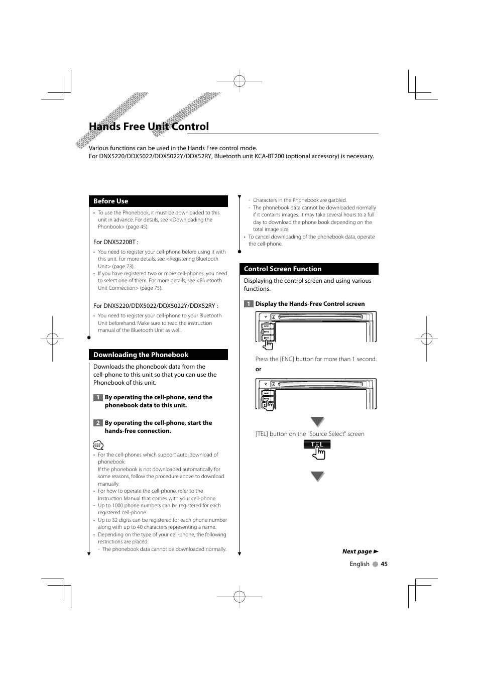 Hands free unit control | Kenwood DDX5022Y User Manual | Page 45 / 96