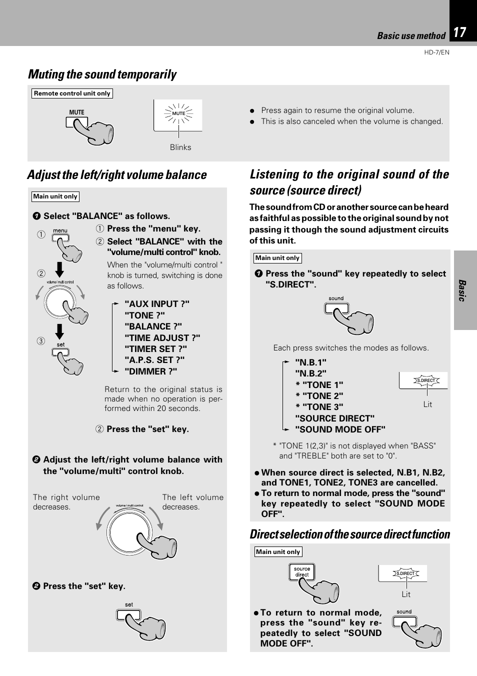 Muting the sound temporarily, Adjust the left/right volume balance, Direct selection of the source direct function | Kenwood HD-7 User Manual | Page 17 / 44