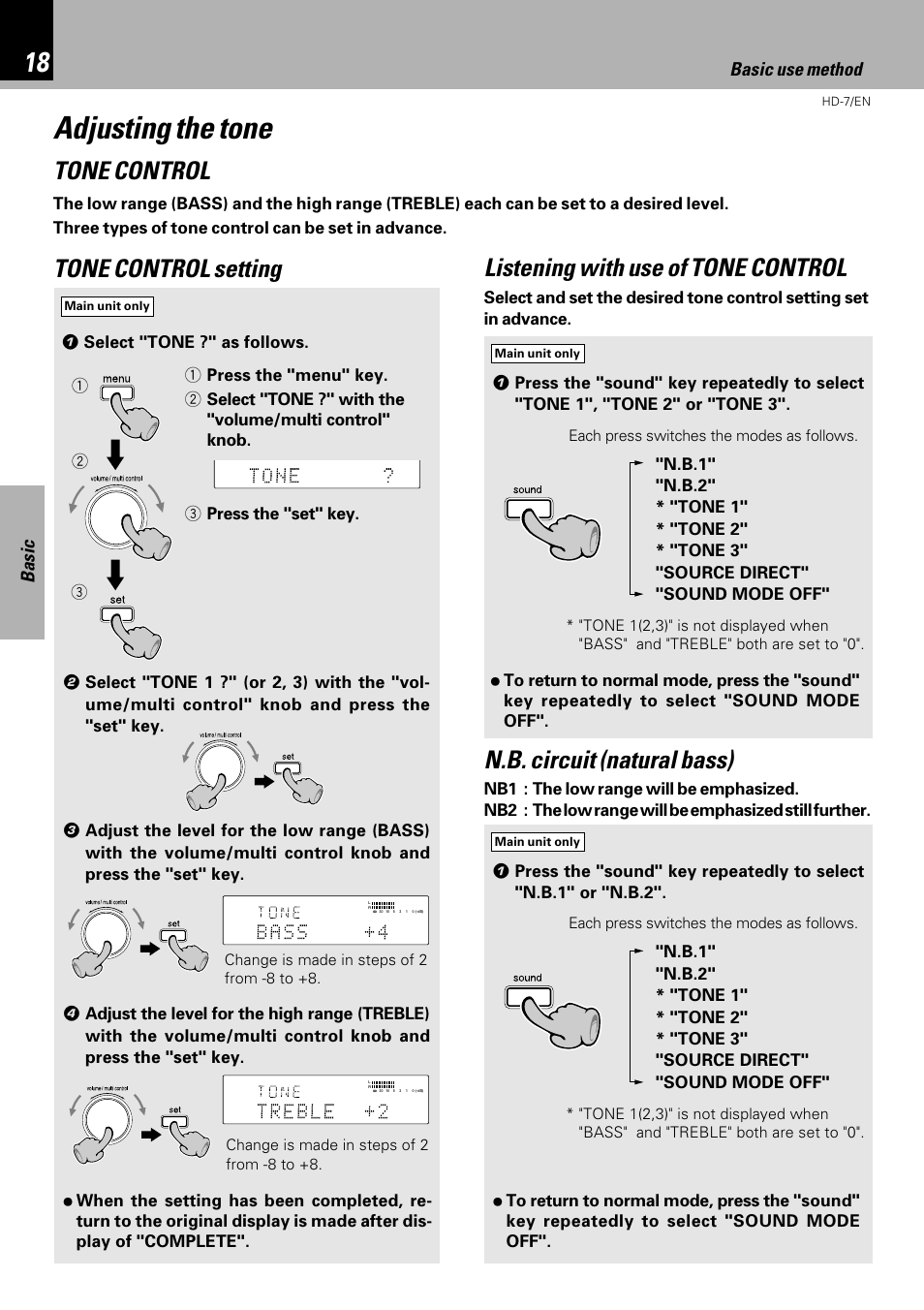 Adjusting the tone, Tone control, Tone control setting | Listening with use of tone control, N.b. circuit (natural bass), Basic, Basic use method | Kenwood HD-7 User Manual | Page 18 / 44