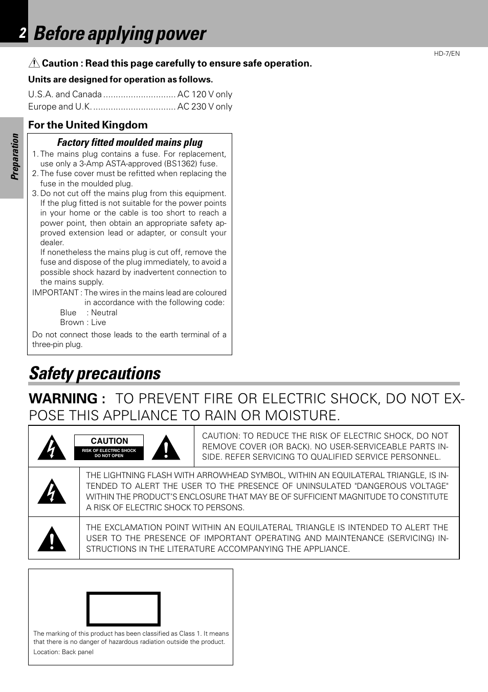Preparation section, Before applying power, Safety precautions | Factory fitted moulded mains plug | Kenwood HD-7 User Manual | Page 2 / 44