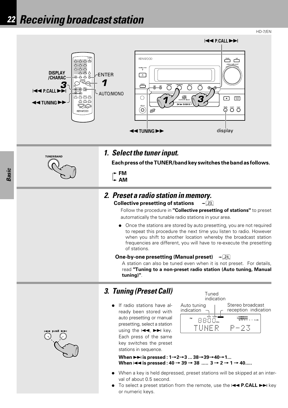 Receiving broadcast station, Select the tuner input, Basic | One-by-one presetting (manual preset), Collective presetting of stations, Auto/mono display enter, P.call, P.call display /charac tuning, Tuning | Kenwood HD-7 User Manual | Page 22 / 44