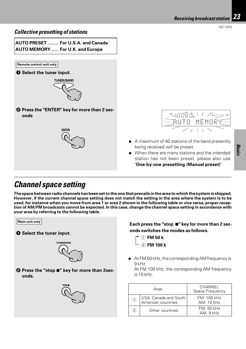 Channel space setting, Collective presetting of stations, Basic | Receiving broadcast station | Kenwood HD-7 User Manual | Page 23 / 44