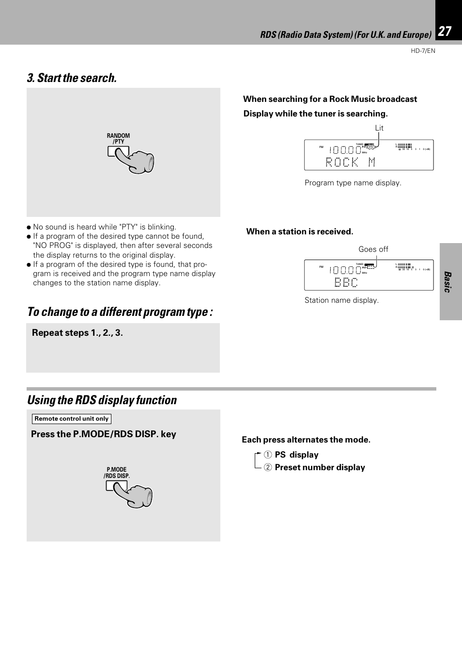 Using the rds display function, Basic, Repeat steps 1., 2., 3 | Rds (radio data system) (for u.k. and europe), Press the p.mode/rds disp. key | Kenwood HD-7 User Manual | Page 27 / 44