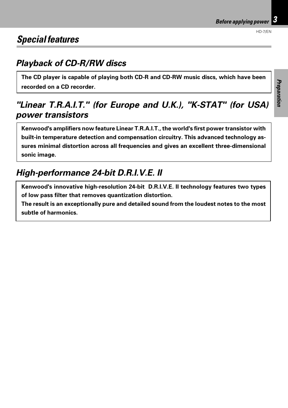 Special features, Playback of cd-r/rw discs, High-performance 24-bit d.r.i.v.e. ii | Kenwood HD-7 User Manual | Page 3 / 44