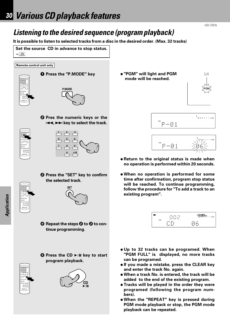 Application section, Various cd playback features, Application | Cd 6 | Kenwood HD-7 User Manual | Page 30 / 44