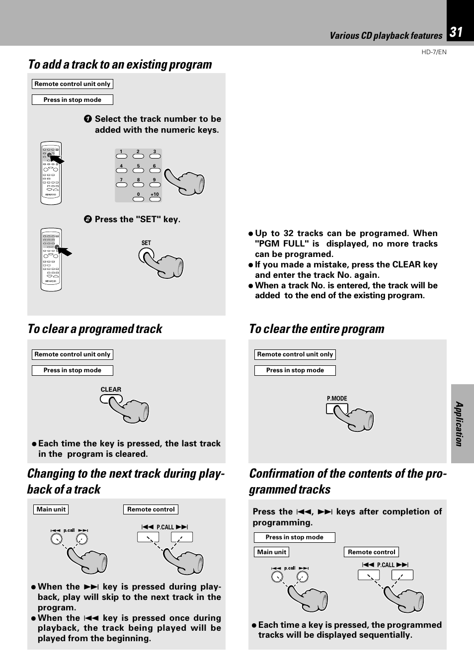 Application, Various cd playback features | Kenwood HD-7 User Manual | Page 31 / 44