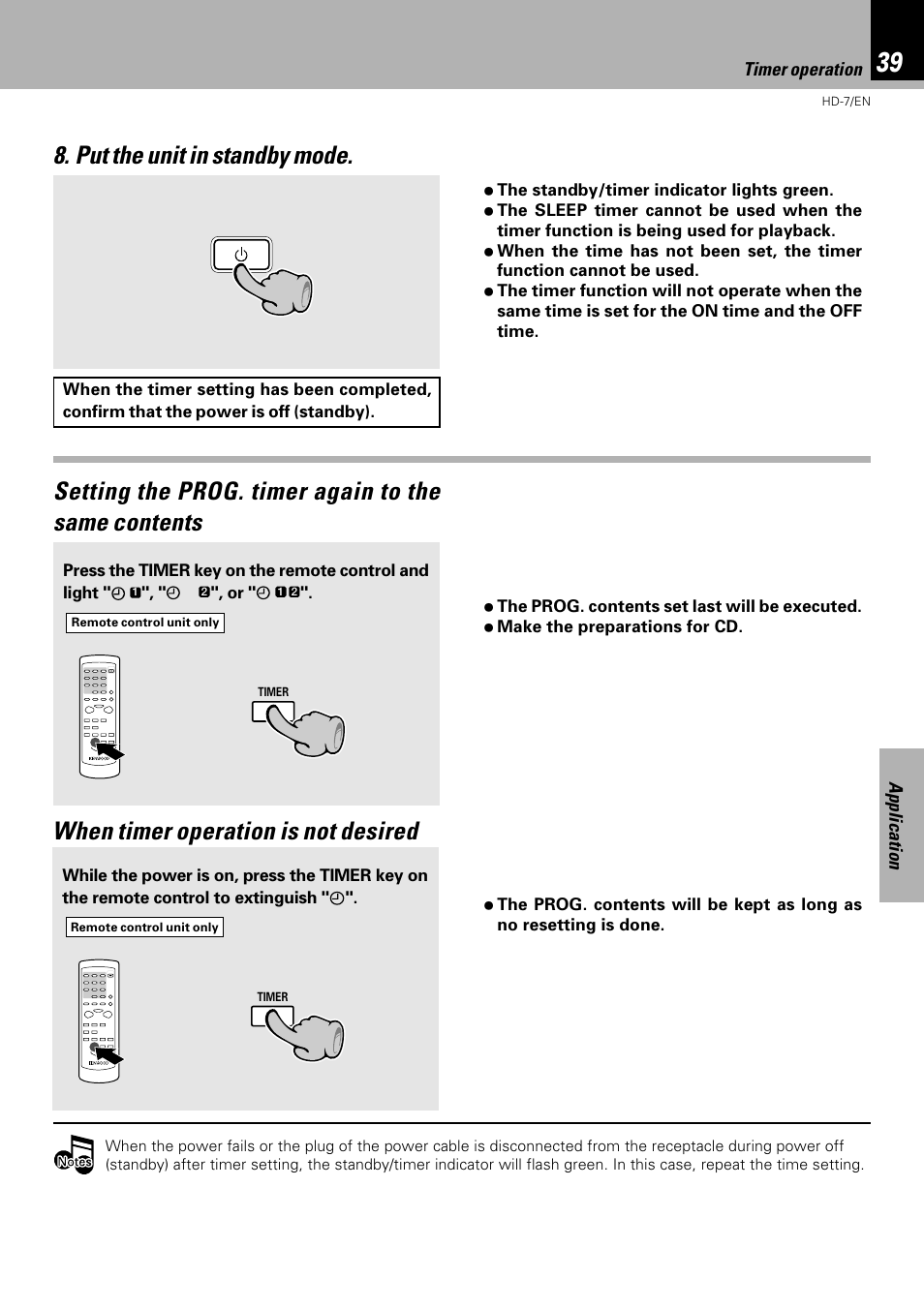 Put the unit in standby mode, Setting the prog. timer again to the same contents, When timer operation is not desired | Kenwood HD-7 User Manual | Page 39 / 44