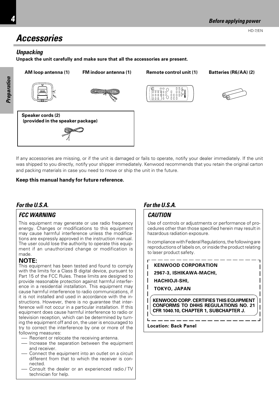 Accessories | Kenwood HD-7 User Manual | Page 4 / 44