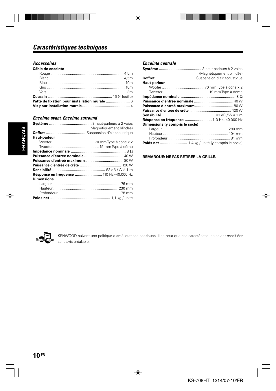 Caractéristiques techniques | Kenwood KS-708HT User Manual | Page 10 / 28