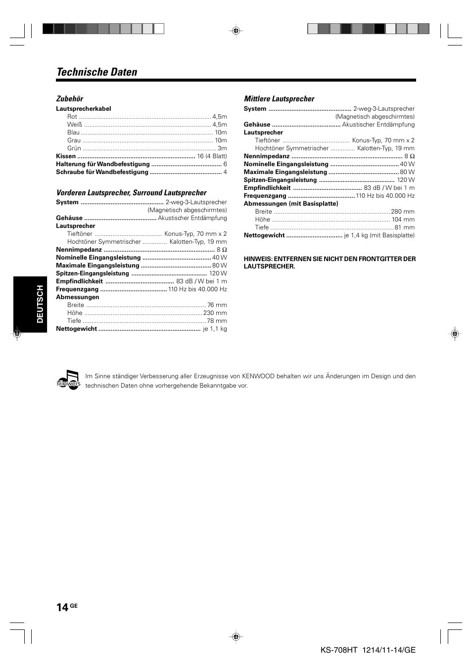 Technische daten | Kenwood KS-708HT User Manual | Page 14 / 28