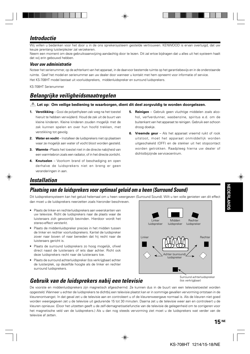 Dutch, Gebruik van de luidsprekers nabij een televisie, Belangrijke veiligheidsmaatregelen | Introductie, Voor uw administratie | Kenwood KS-708HT User Manual | Page 15 / 28