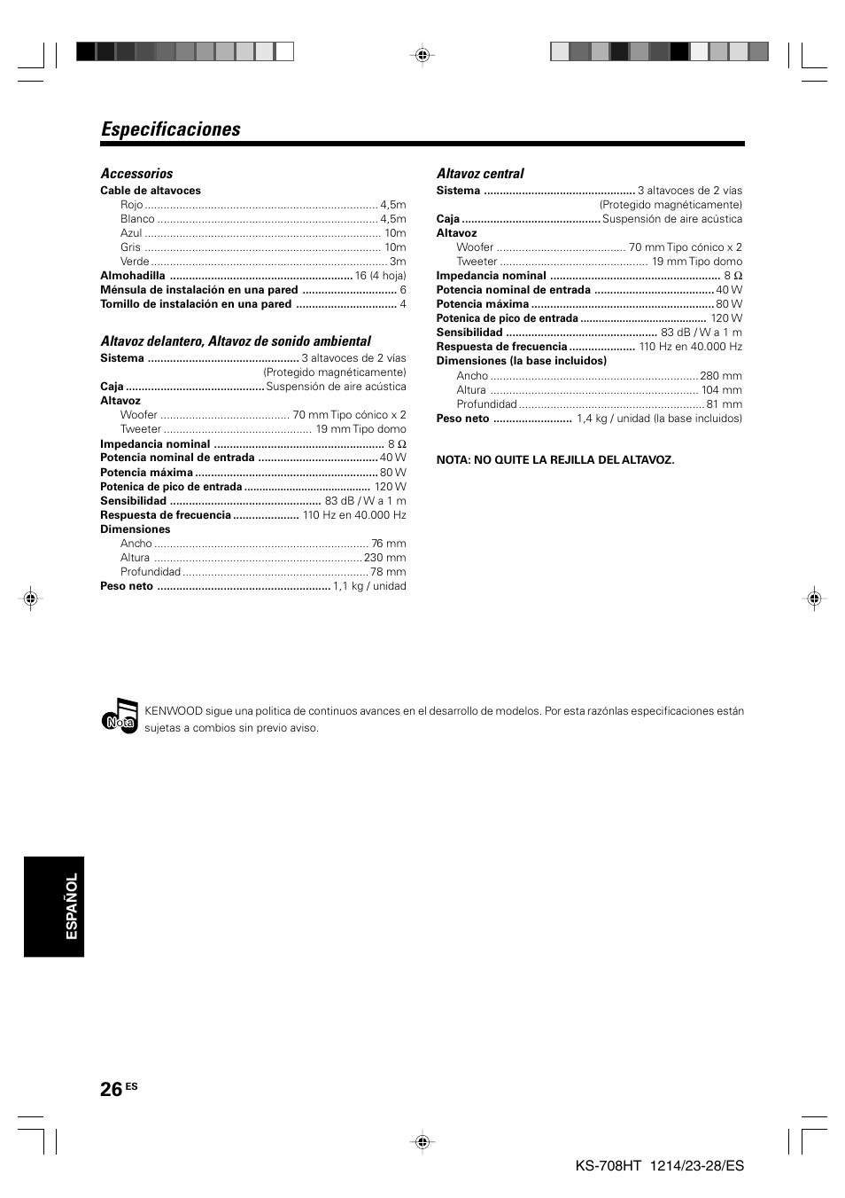 Especificaciones | Kenwood KS-708HT User Manual | Page 26 / 28