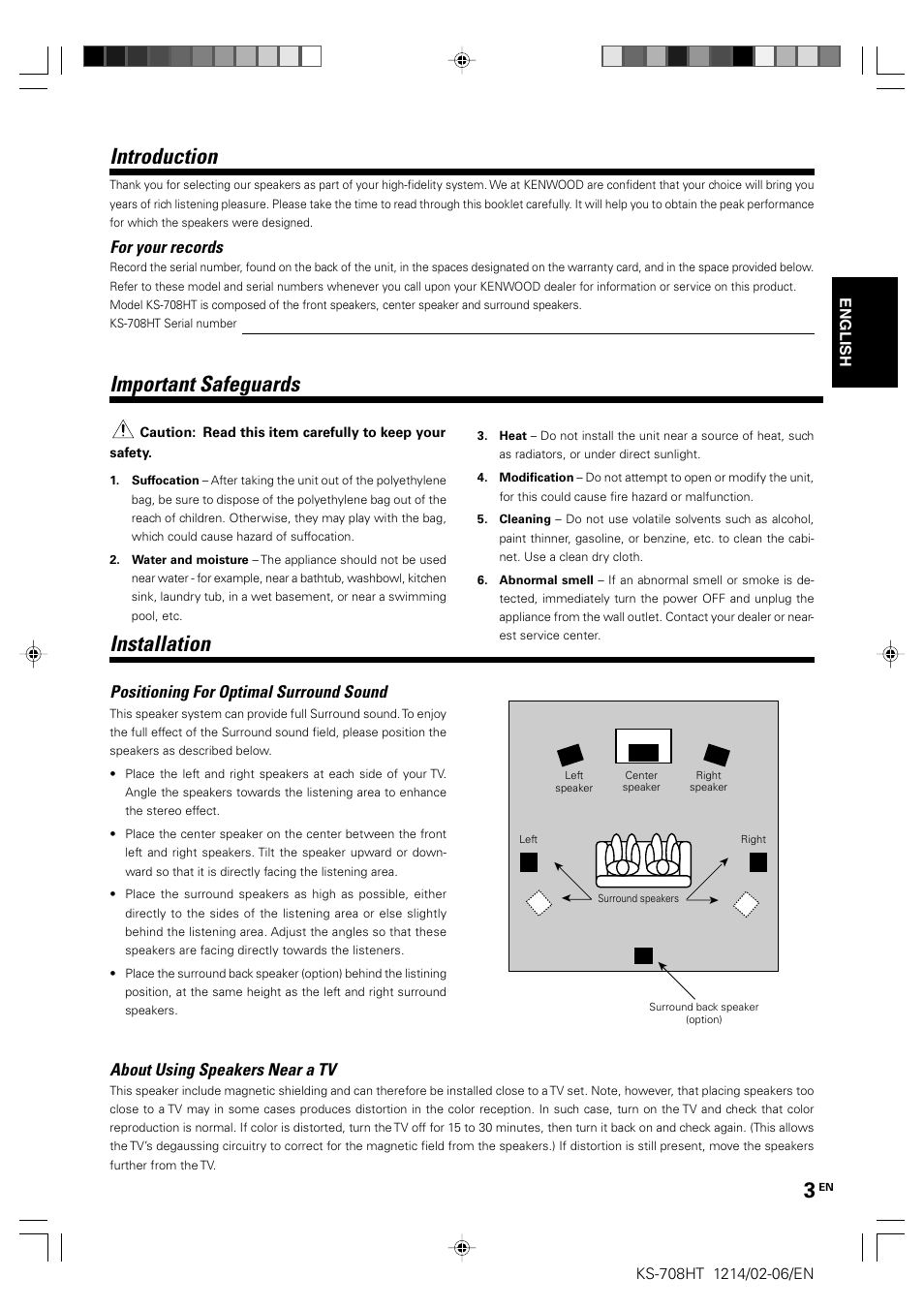 English, Introduction, Important safeguards | Installation, For your records, Positioning for optimal surround sound, About using speakers near a tv | Kenwood KS-708HT User Manual | Page 3 / 28