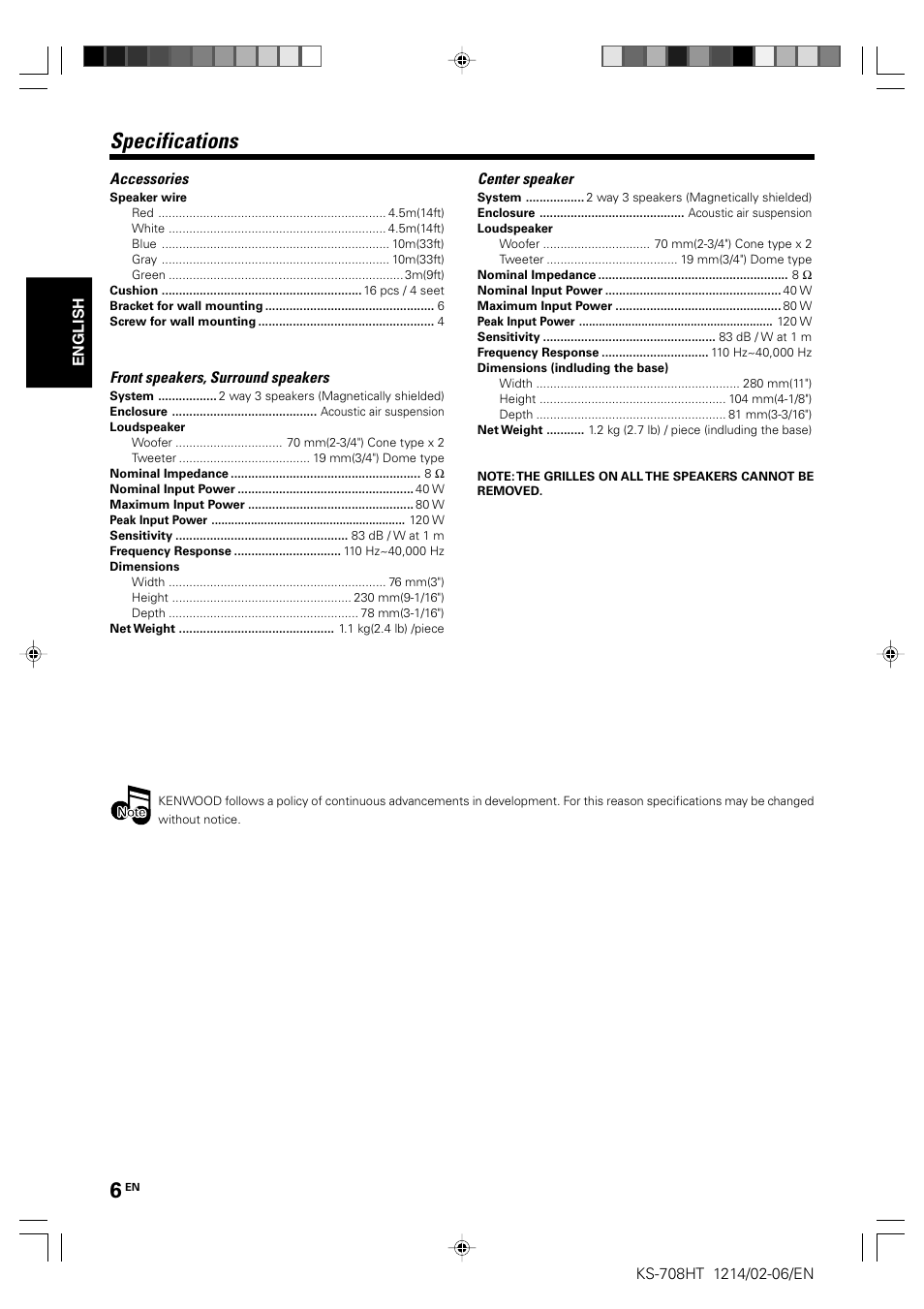 Specifications | Kenwood KS-708HT User Manual | Page 6 / 28