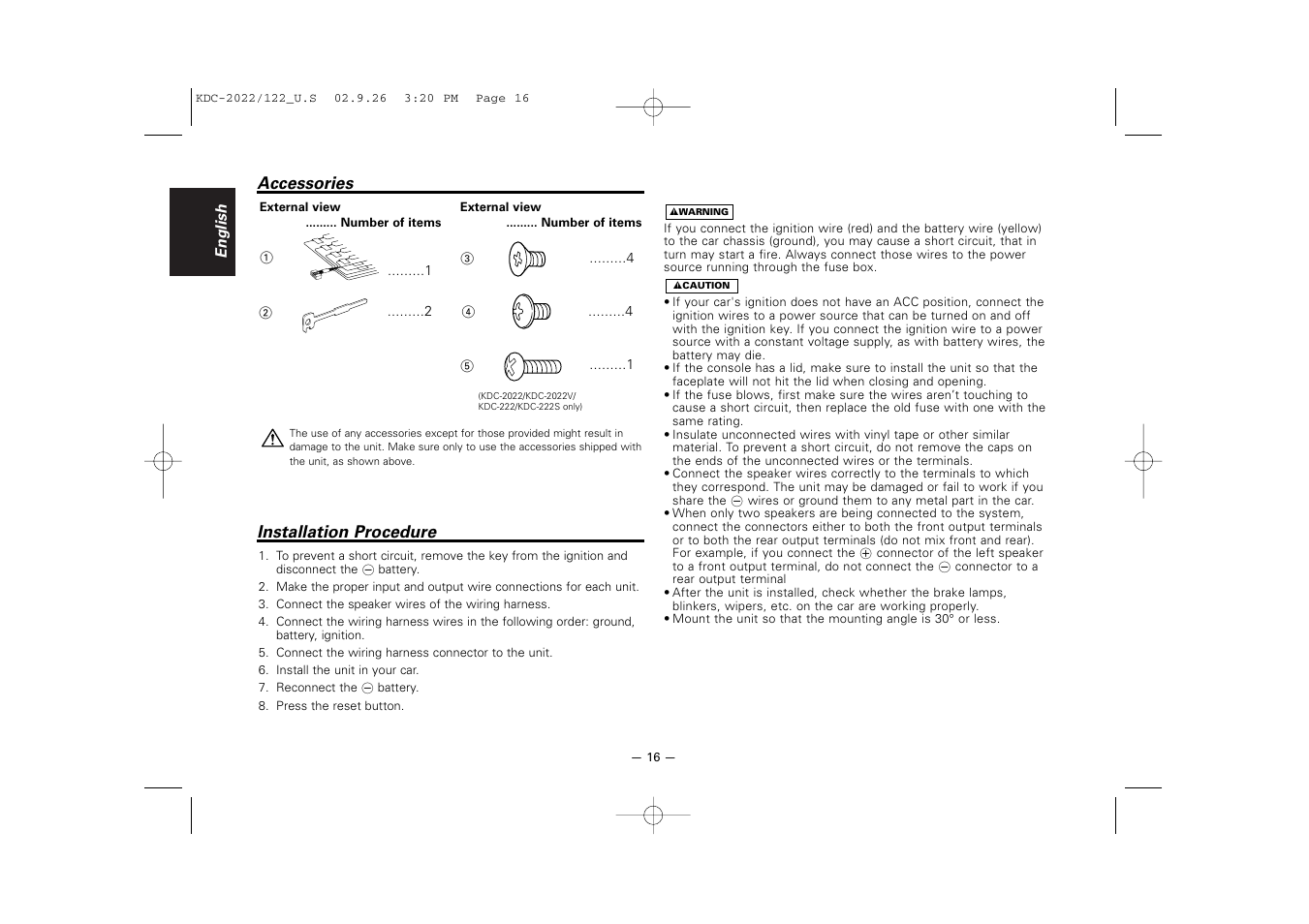 Accessories, Installation procedure | Kenwood KDC-122S User Manual | Page 16 / 92