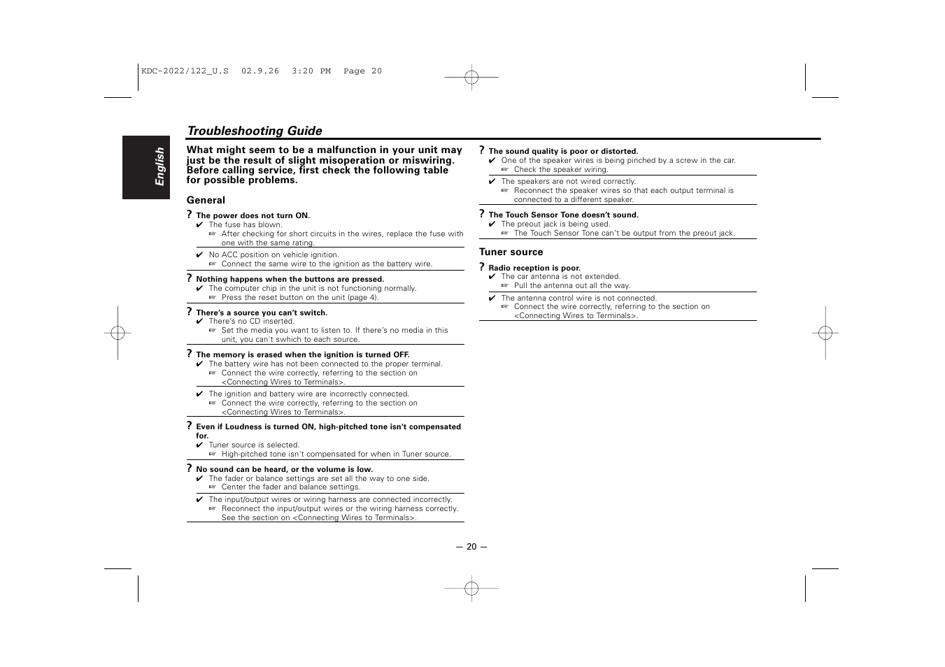 Troubleshooting guide | Kenwood KDC-122S User Manual | Page 20 / 92