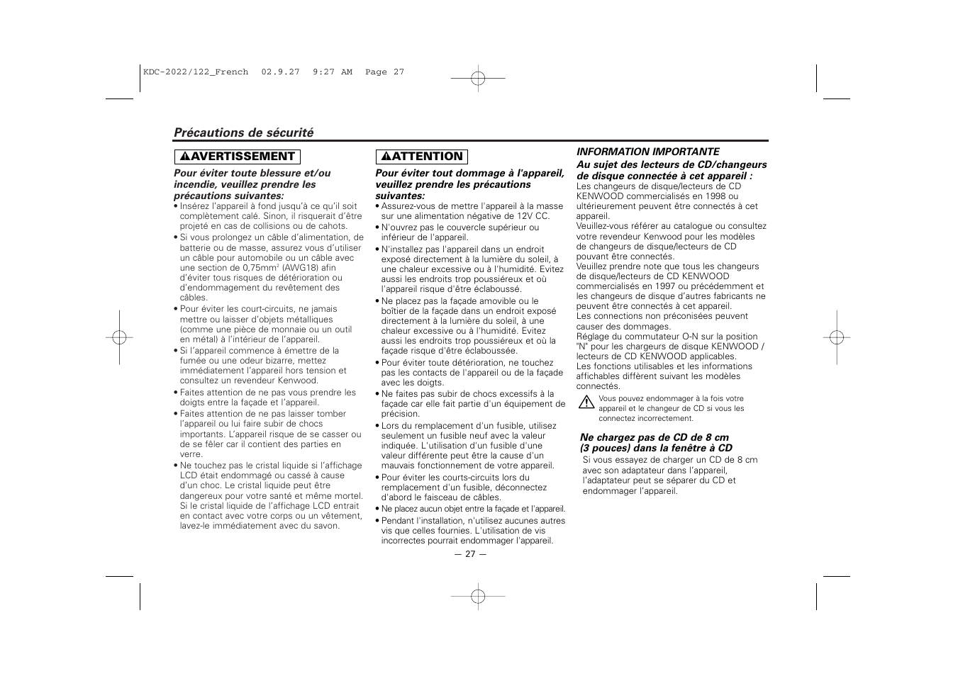 Precautions de securite | Kenwood KDC-122S User Manual | Page 27 / 92