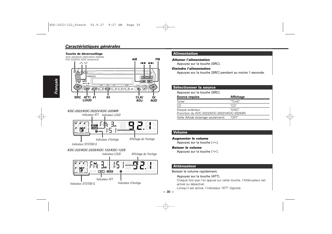 Caracteristiques generales | Kenwood KDC-122S User Manual | Page 30 / 92