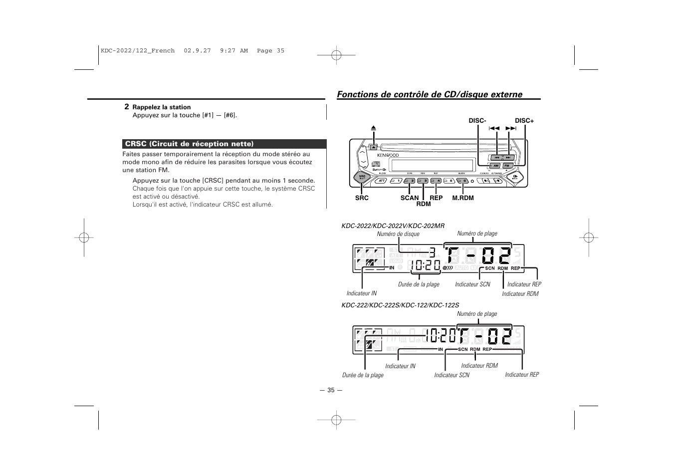 Fonctions de controle de cd/disque externe | Kenwood KDC-122S User Manual | Page 35 / 92