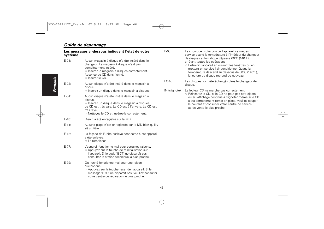 Guide de depannage | Kenwood KDC-122S User Manual | Page 46 / 92