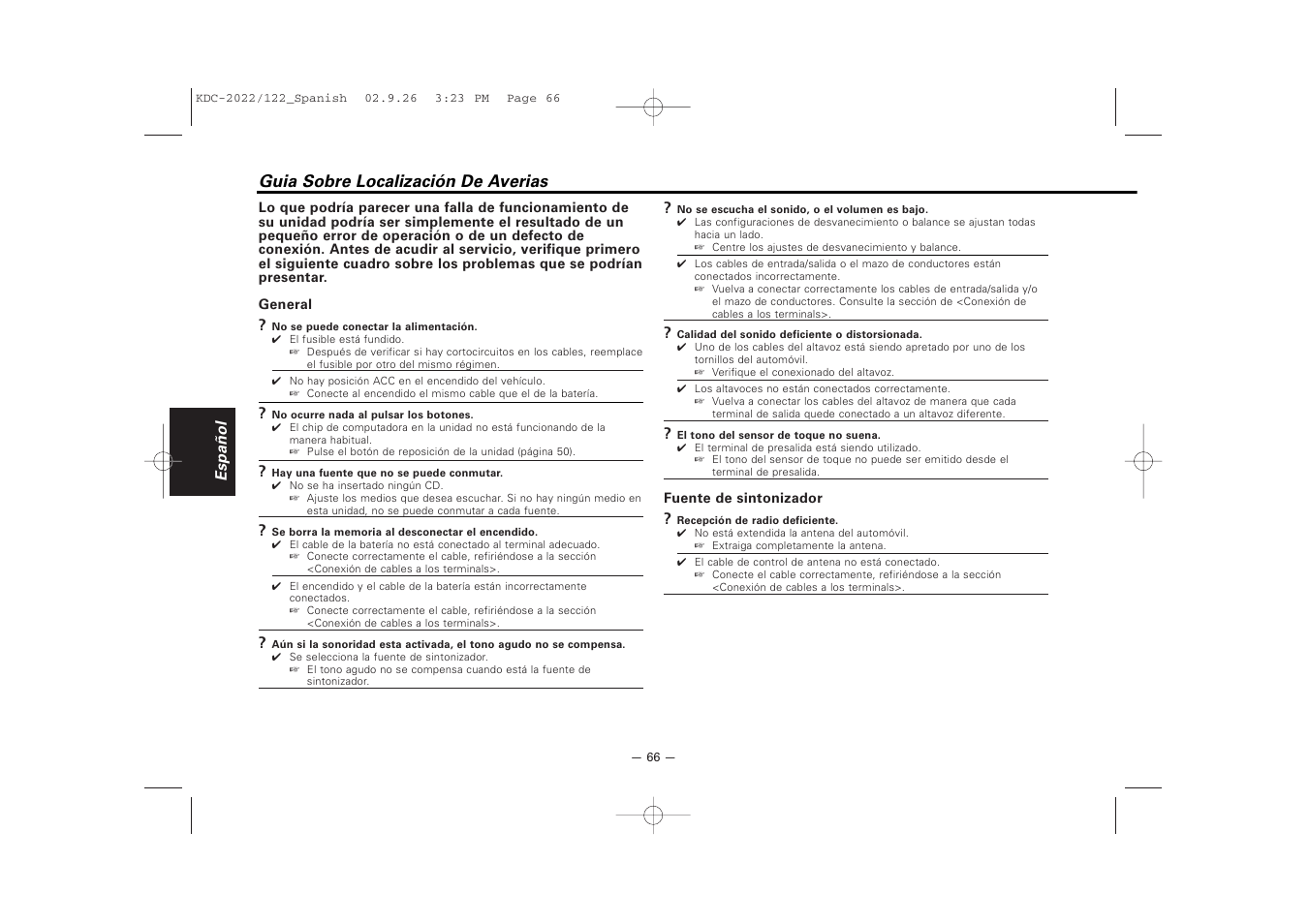 Guia sobre localizacion de averias, Guia sobre localización de averias | Kenwood KDC-122S User Manual | Page 66 / 92