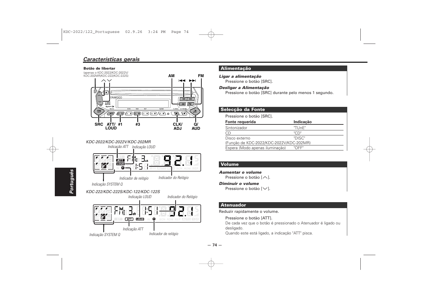 Caracteristicas gerais | Kenwood KDC-122S User Manual | Page 74 / 92