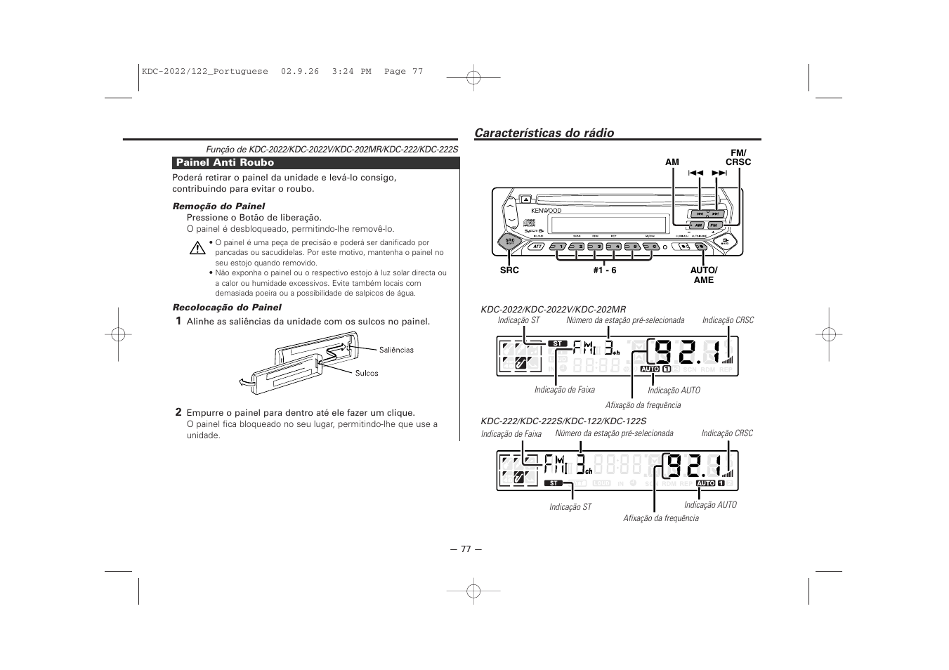 Caracteristicas do radio | Kenwood KDC-122S User Manual | Page 77 / 92