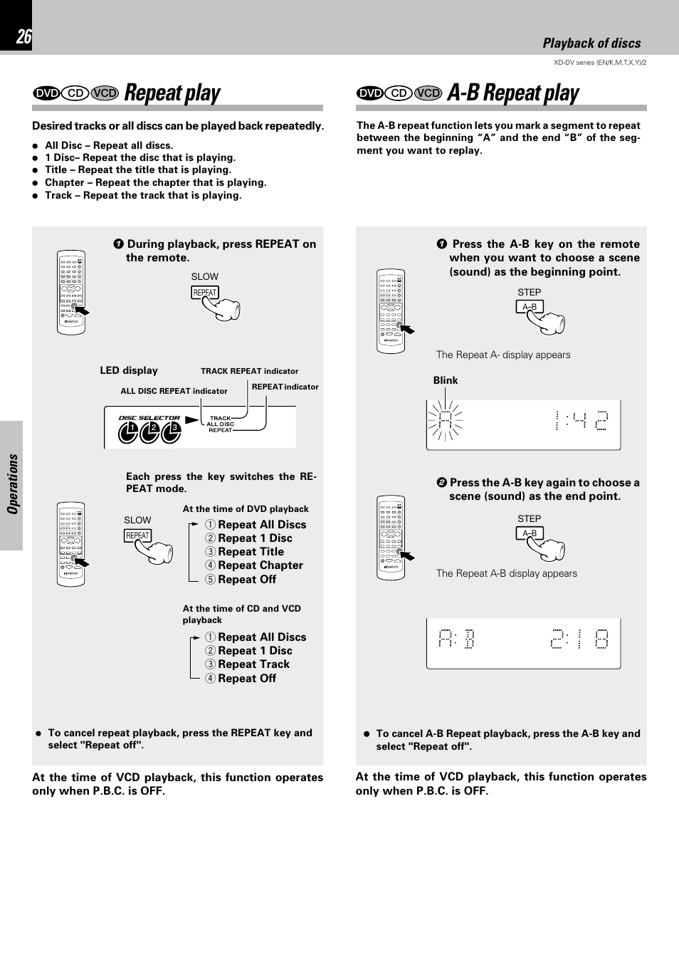 Repeat play, A-b repeat play, Operations | Playback of discs | Kenwood XD-DV75 User Manual | Page 26 / 73