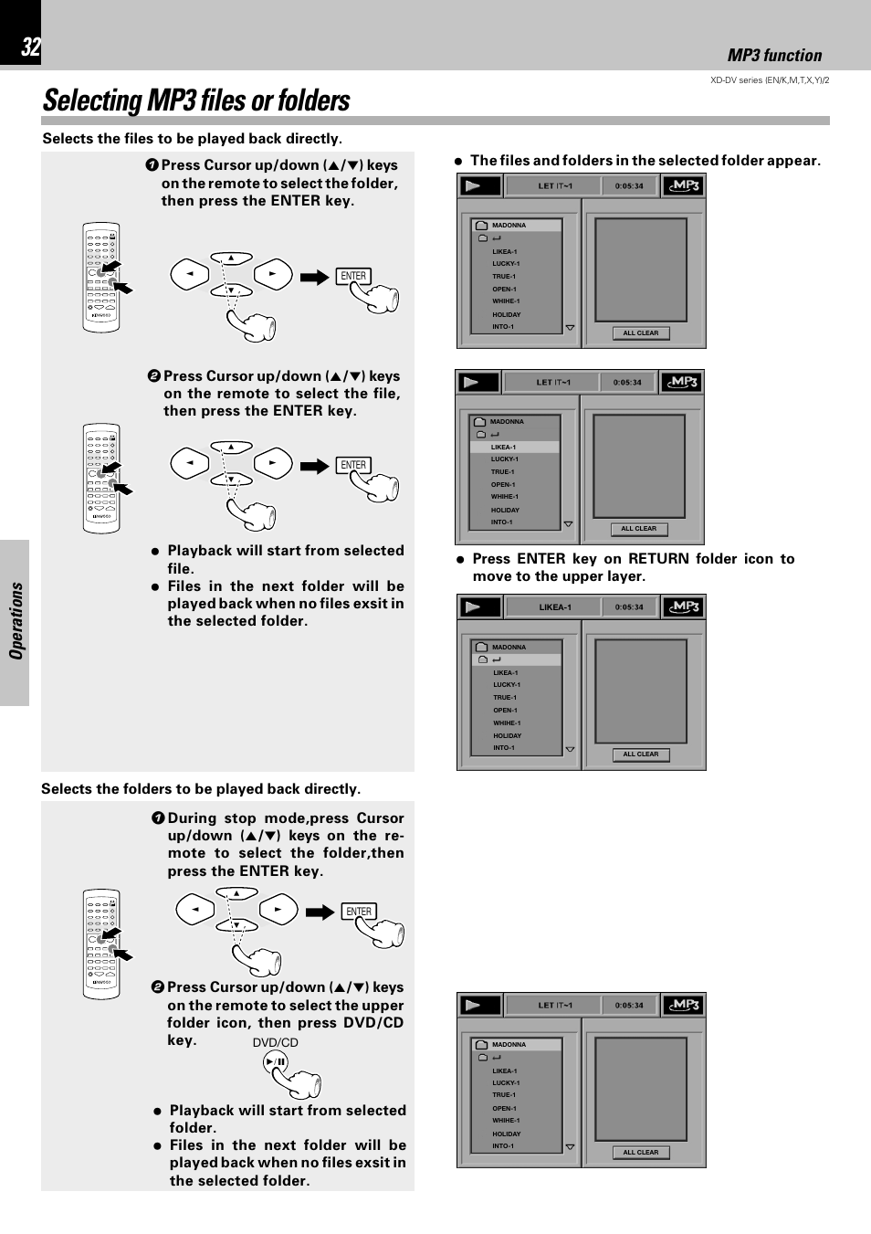 Selecting mp3 files or folders, Operations, Mp3 function | Kenwood XD-DV75 User Manual | Page 32 / 73