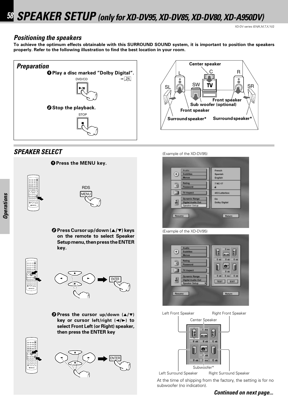 Speaker setup, Speaker select, Positioning the speakers | Preparation, Operations, Continued on next page | Kenwood XD-DV75 User Manual | Page 58 / 73