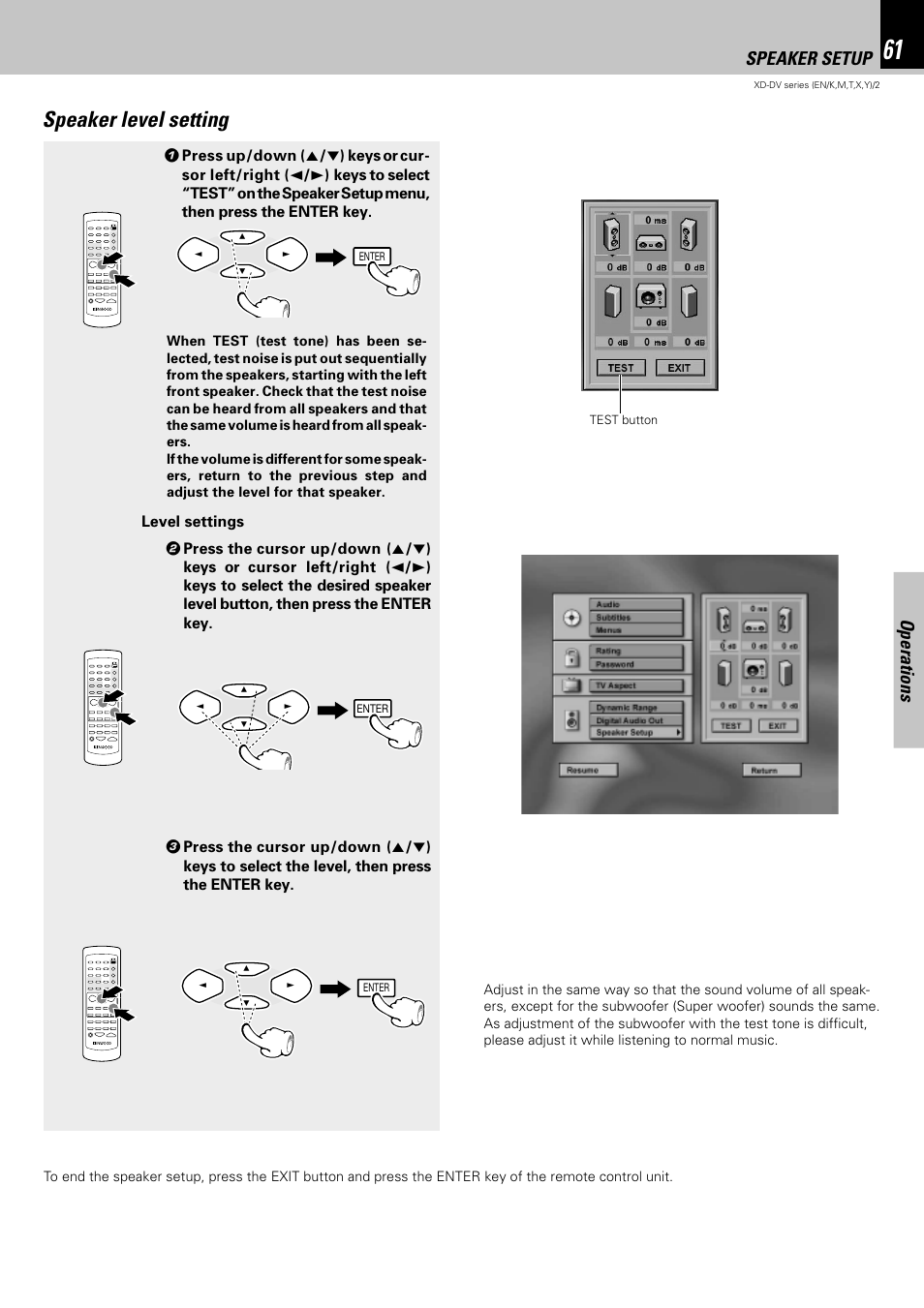 Speaker level setting, Operations, Speaker setup | Kenwood XD-DV75 User Manual | Page 61 / 73