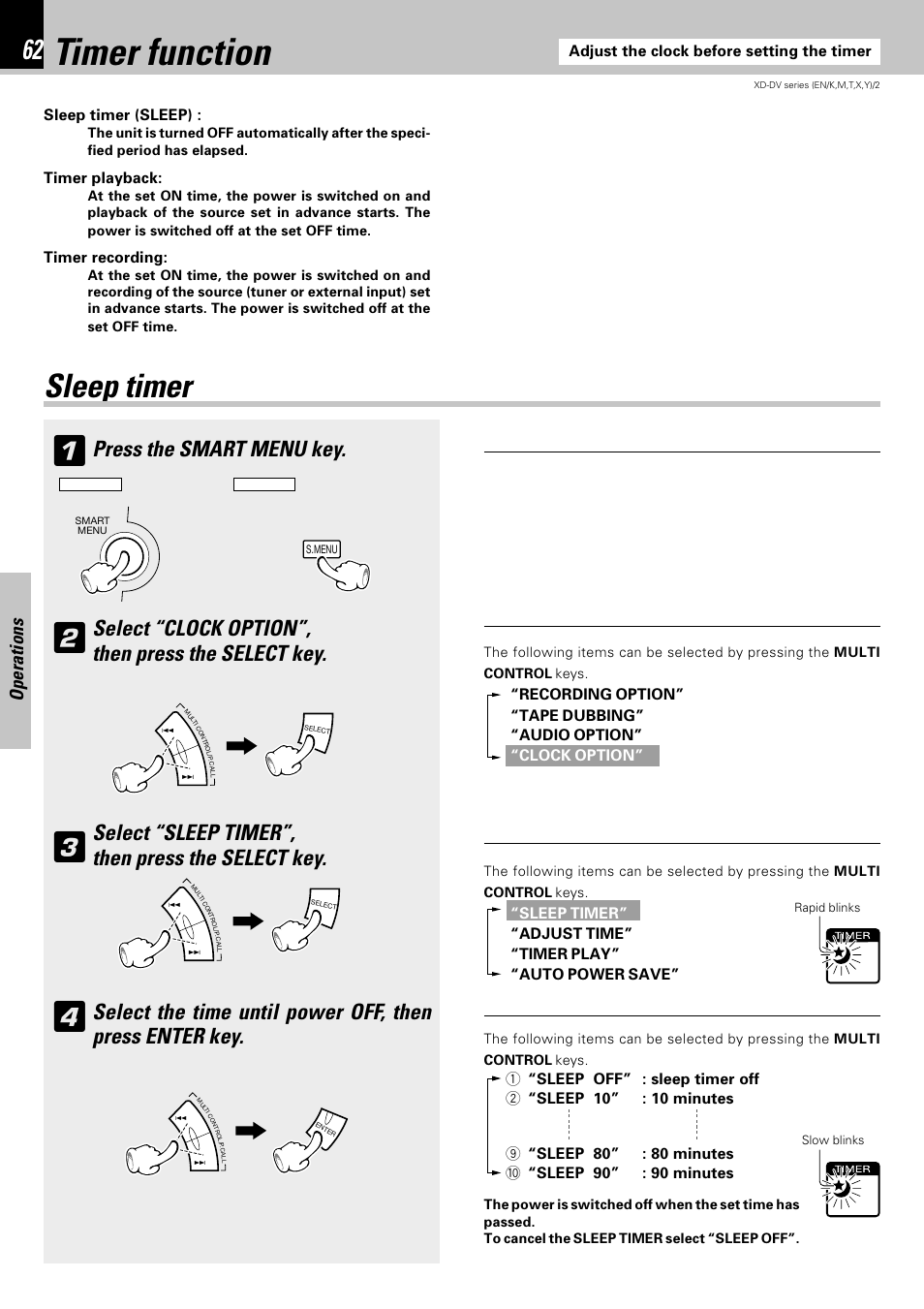 Timer function, Sleep timer, Operations | Adjust the clock before setting the timer, Sleep timer (sleep), Timer playback, Timer recording | Kenwood XD-DV75 User Manual | Page 62 / 73