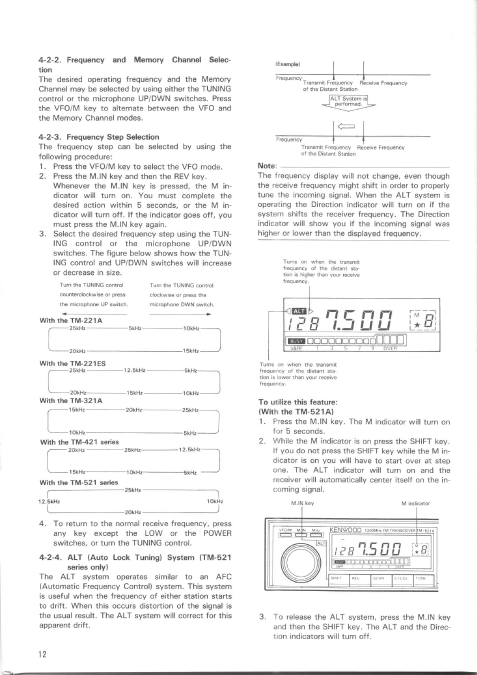 2-2. frequency and memory channel selection, 2-3. frequency step selection, Note | To utilize this feature, I d b f.ji u u, N r n n, I £ b i . 2 u u | Kenwood TM-521E User Manual | Page 12 / 29