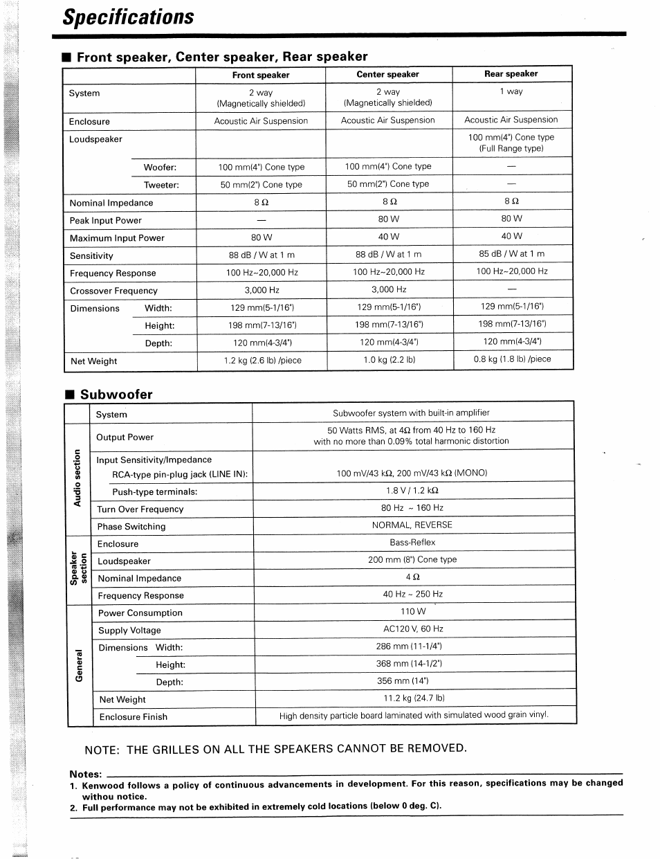Specifications, Front speaker. center speaker. rear speaker, Subwoofer | Kenwood KS-303HT User Manual | Page 10 / 10