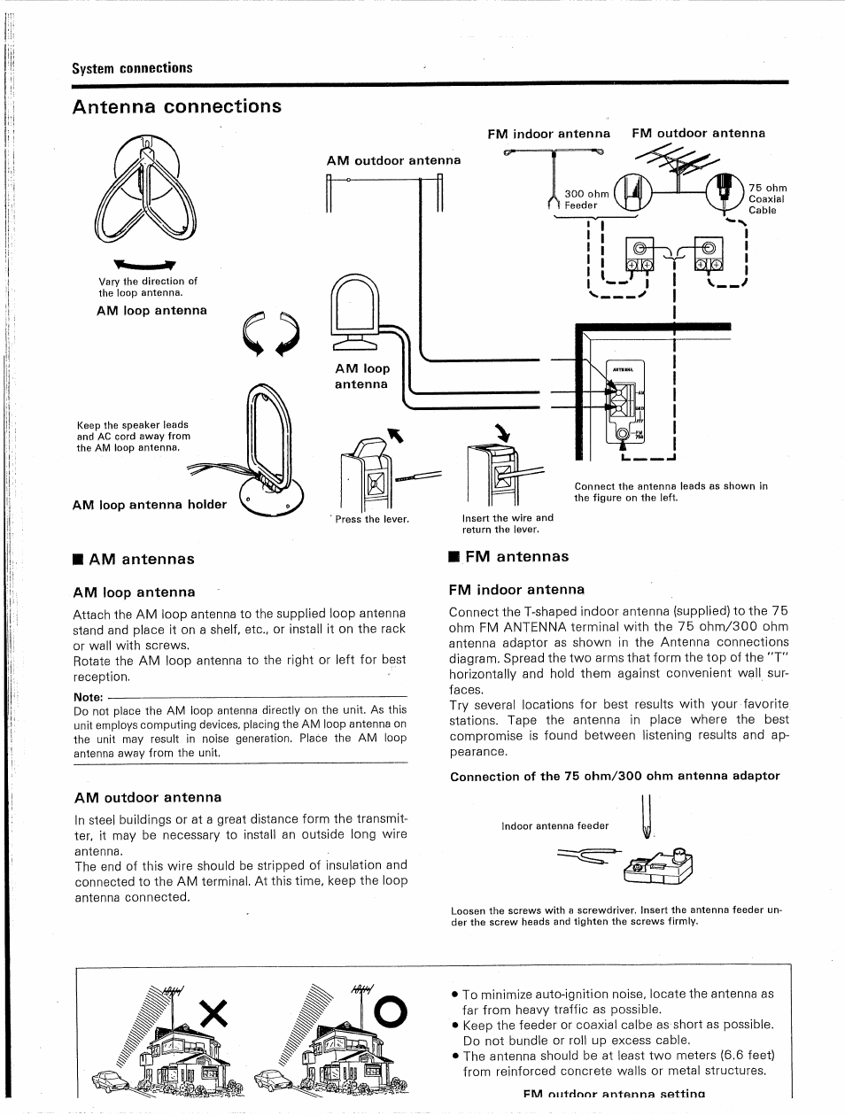 Antenna connections, Am antennas, Fm antennas | Mote, Connection of the 75 ohm/300 ohm antenna adaptor, Fm antennas am loop antenna, Am outdoor antenna, Fm indoor antenna | Kenwood KR-V9020 User Manual | Page 10 / 44