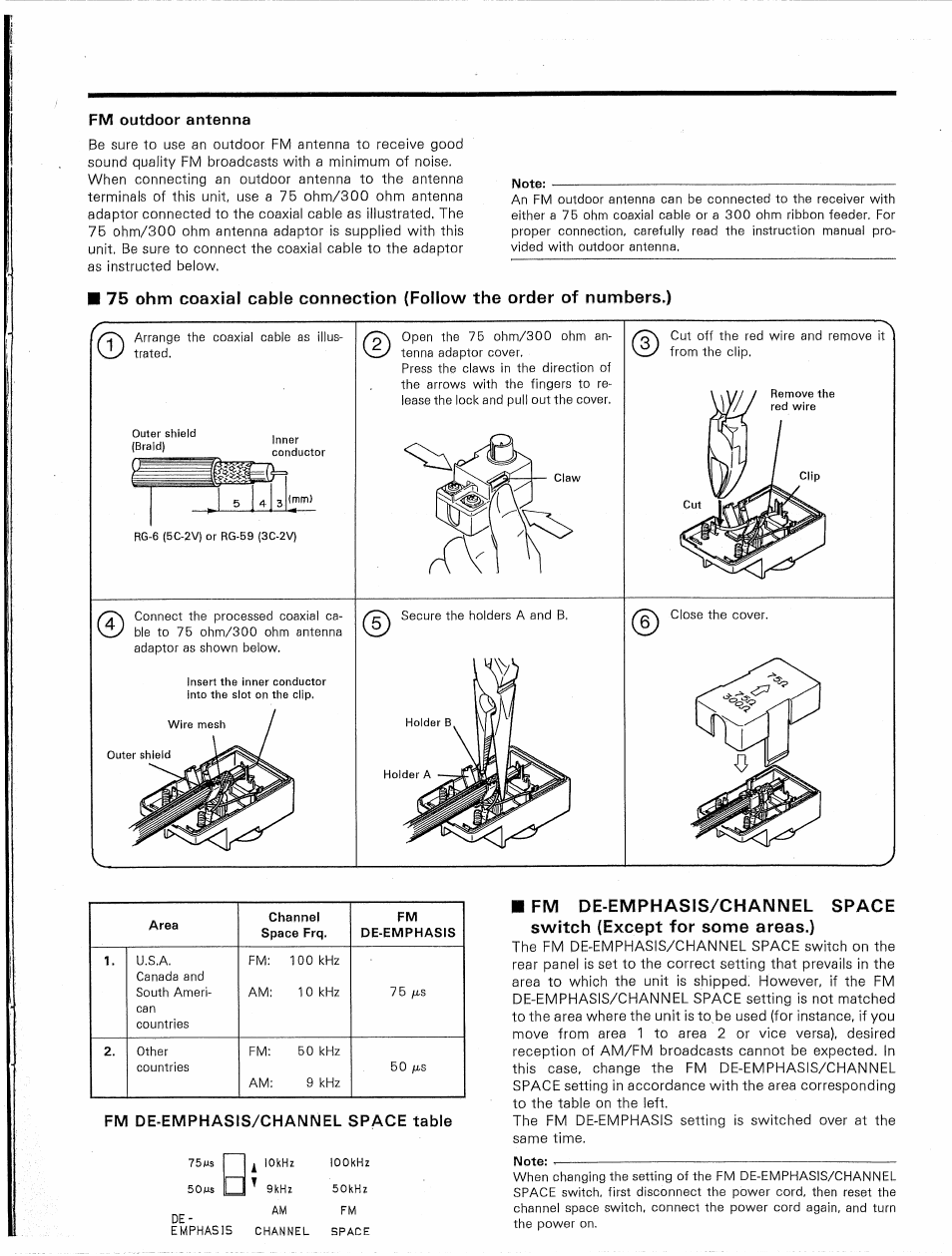 Fm outdoor antenna, Fm de.emphasis/channel space table, Fm de-emphasis/channel space switch 1 | Kenwood KR-V9020 User Manual | Page 11 / 44