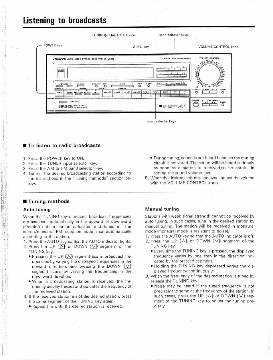 Listening to broadcasts, To listen to radio broadcasts, Tuning methods auto tuning | Ilii | Kenwood KR-V9020 User Manual | Page 20 / 44