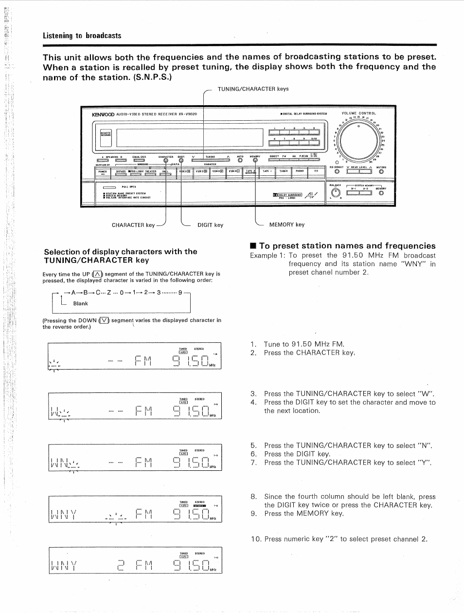 To preset station names and frequencies, L/ih, C j\/i | Listening to broadcasts | Kenwood KR-V9020 User Manual | Page 22 / 44
