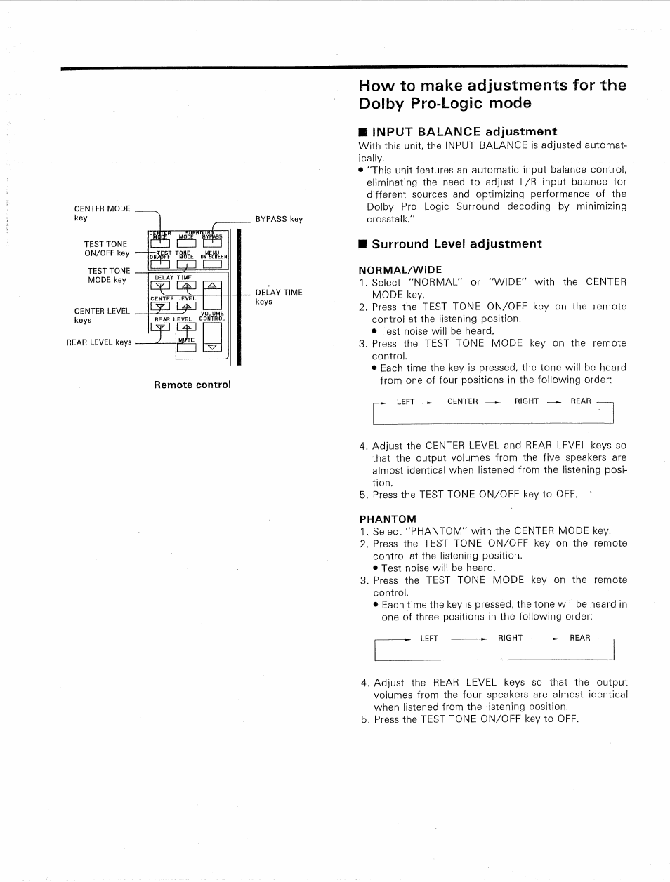 Remote control, Input balance adjustment, Surround level adjustment | Normal/wide, Phantom | Kenwood KR-V9020 User Manual | Page 29 / 44