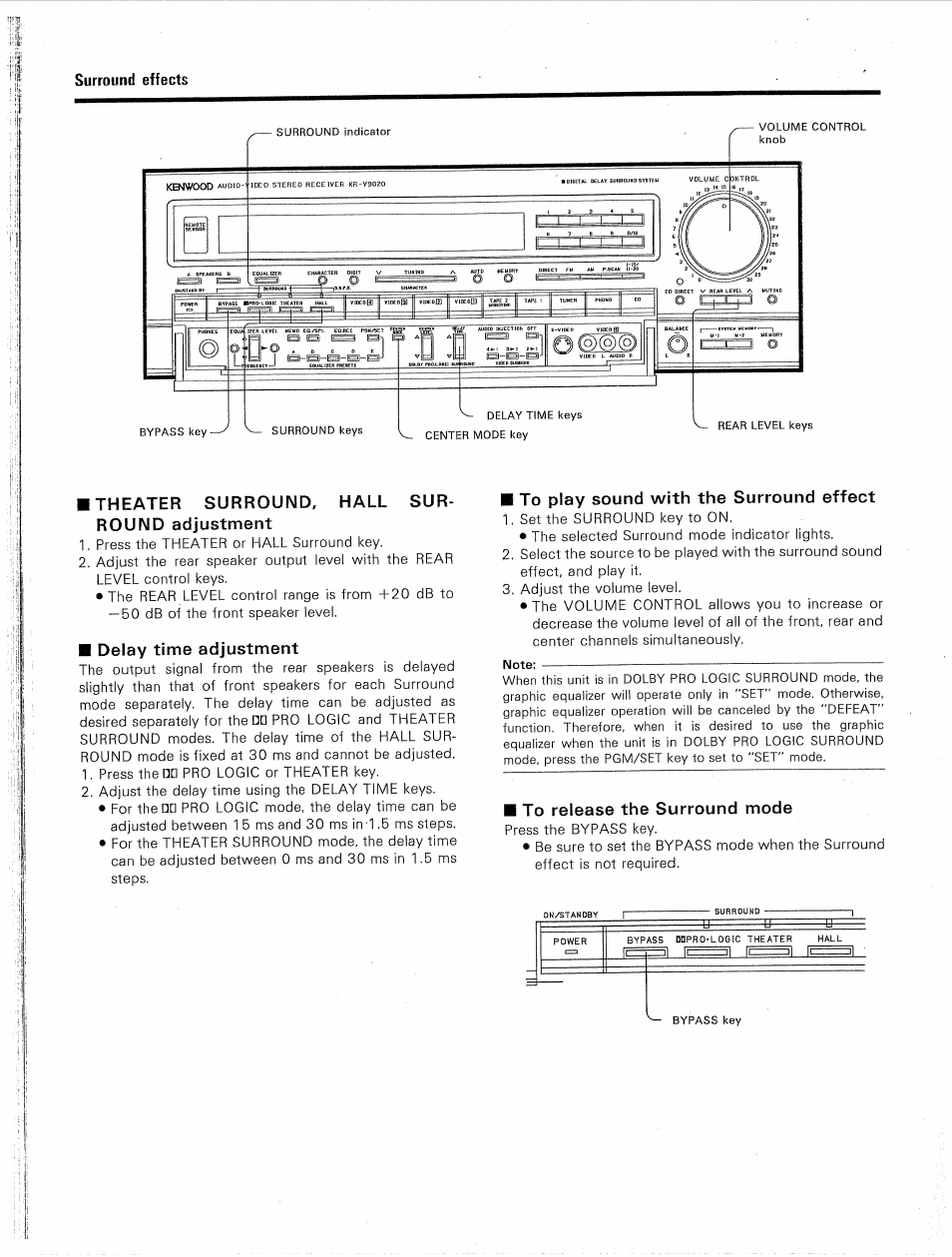 Theater surround, hall sur^ round adjustment, Delay time adjustment, To play sound with the surround effect | To release the surround mode | Kenwood KR-V9020 User Manual | Page 30 / 44