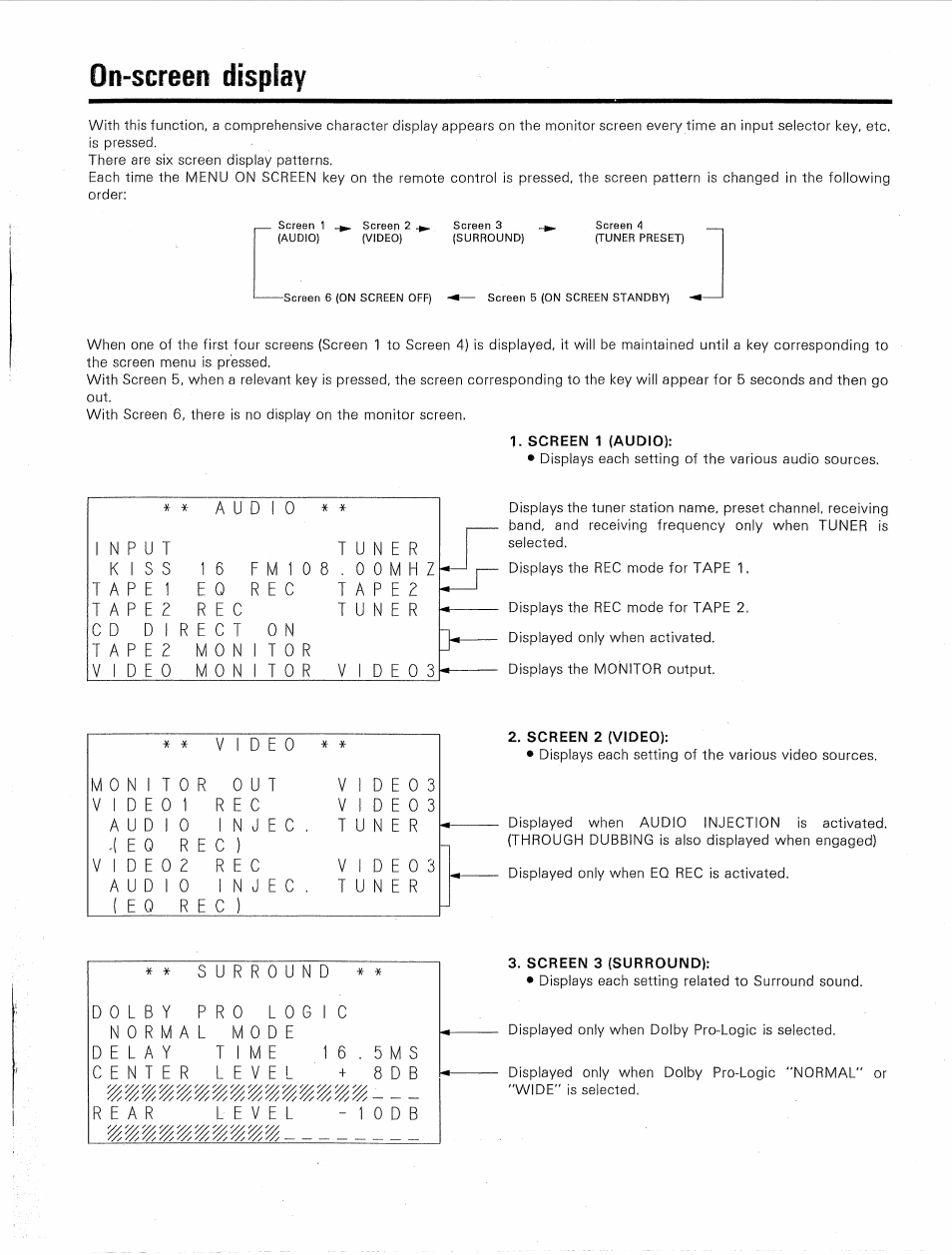 On-screen display, Screen 1 (audio), Screen 2 (video) | Screen 3 (surround) | Kenwood KR-V9020 User Manual | Page 33 / 44