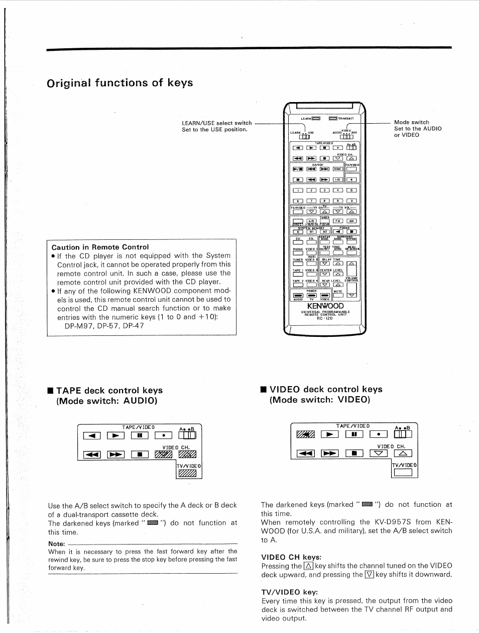 Original functions of keys, Caution in remote control, Kenwood | Tape deck control keys (mode switch: audio), Video deck control keys (mode switch: video), Video ch keys, Tv/video key | Kenwood KR-V9020 User Manual | Page 37 / 44