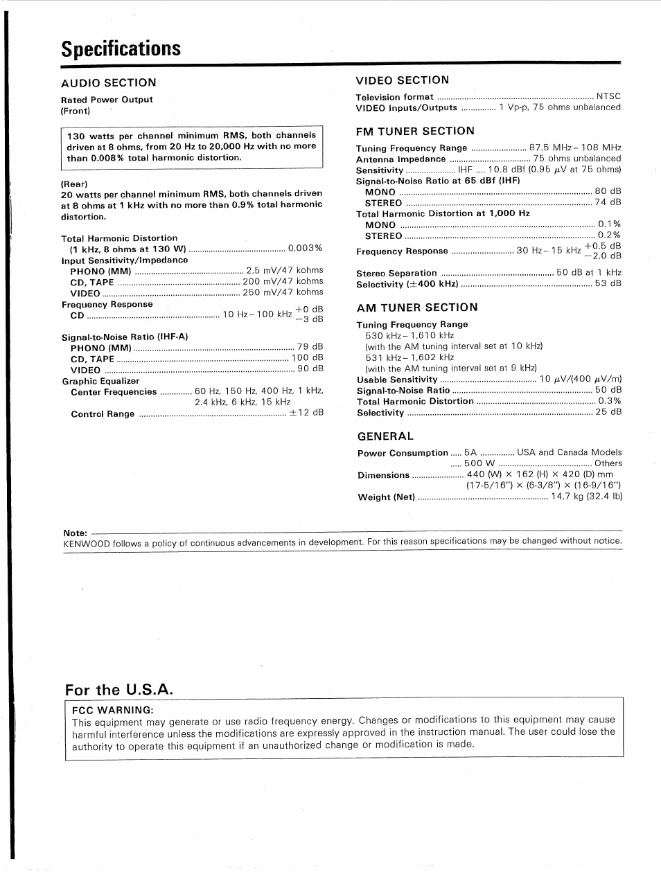 Specifications, For the u.s.a, Fcc warning | Kenwood KR-V9020 User Manual | Page 43 / 44