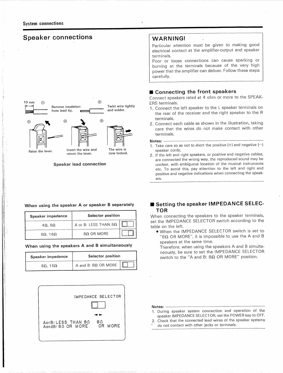 Speaker connections, Warning, Speaker lead connection | Connecting the front speakers, Setting the speaker impedance selector | Kenwood KR-V9020 User Manual | Page 8 / 44