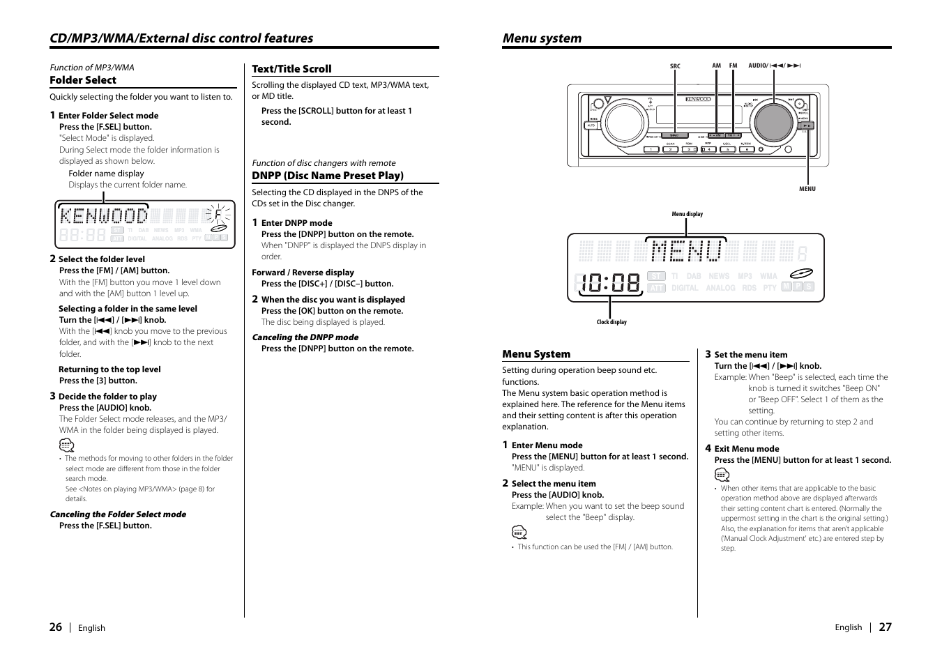 Menu system, Cd/mp3/wma/external disc control features | Kenwood EZ900HDS User Manual | Page 14 / 23